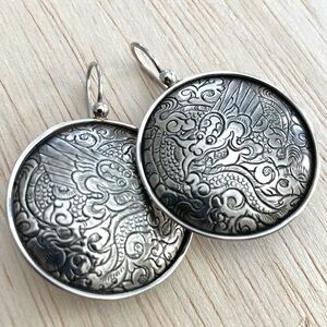 Silpada Sterling Silver Asian Dragon Etched Disc Earrings W1228